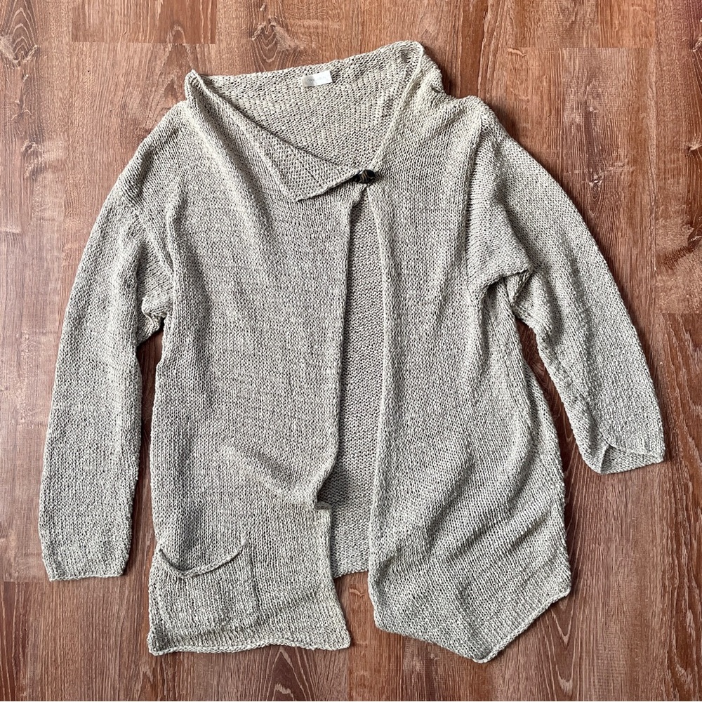 Krista Larson Beige Loose Knit Open Front One Button Cardigan Sweater